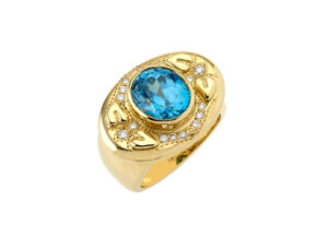 Blue Zircon, Diamond and Myrtle Leaf Ring