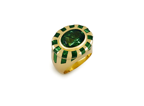 Green Tourmaline and Enamel Charlemagne Ring