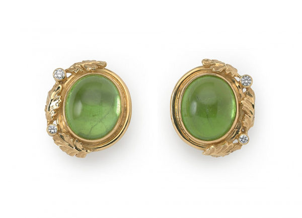 Peridot, diamond and oak leaf earrings