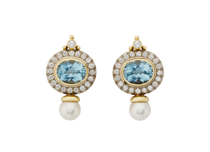 Aquamarine, Diamond and Pearl Valois Earrings