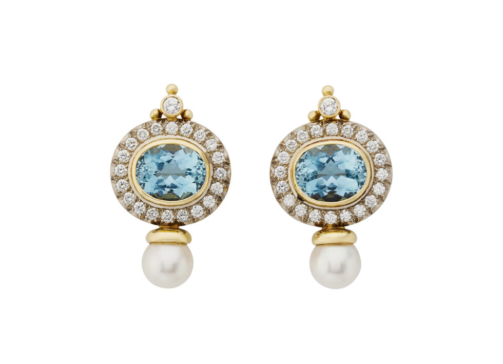 Aquamarine, Diamond and Pearl Valois Earrings