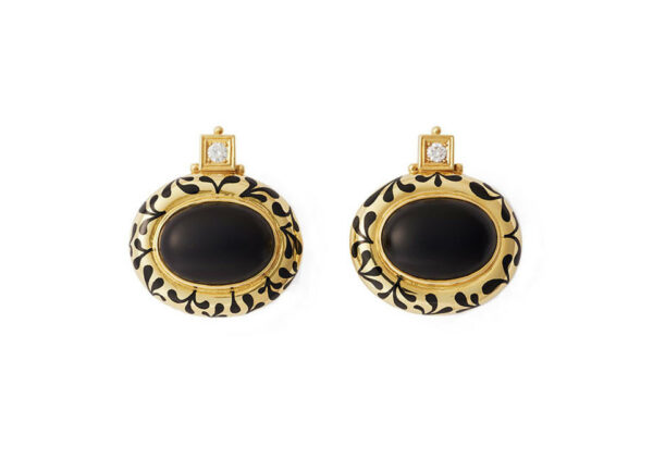 Frosty-black-onyx-cabochon-persian-queen-earrings-with-black-seaweed-enamel-PRQ25475