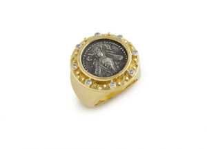 Gold ring with silver Drachma coin and diamonds; fine jewellery London; Elizabeth Gage