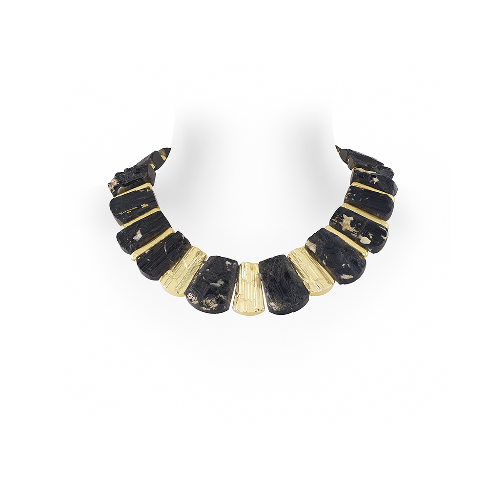 Necklace with graduated black tourmaline crystal slices, molten gold spacers, and textured gold front sections.