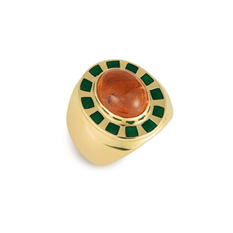 18ct yellow gold Orlov ring with an 8.06ct oval mandarin garnet cabochon and dark green enamel radiating design in the gallery. Bold and vibrant.
