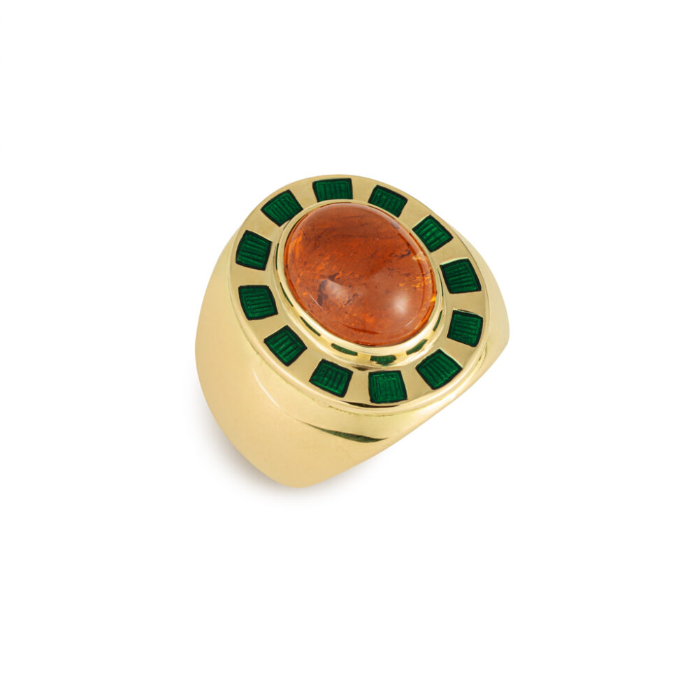Mandarin Garnet and Dark Green Enamel Orlov Ring