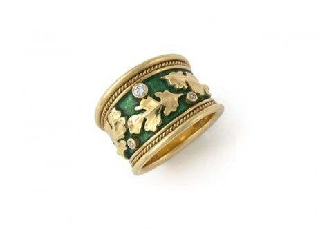 Oak-leaf-tapered-templar-with-diamonds-and-emerald-green-enamel-ring-TTB21886-600×434