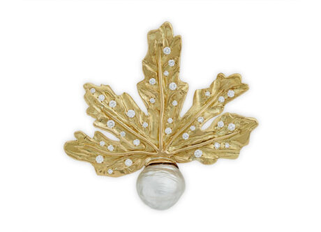 Gold leaf diamond and pearl pin; gold brooch; fine jewellery London; Elizabeth Gage