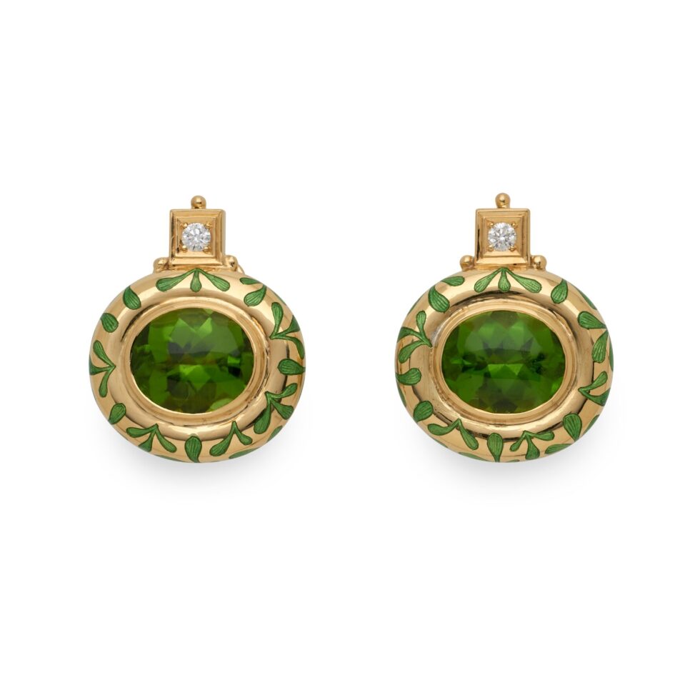 Green Enamel and Peridot Persian Queen Earrings