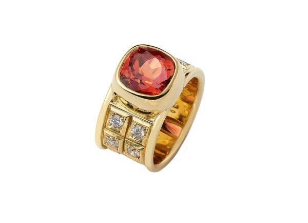 Pink-orange-tourmaline-ring-with-diamonds-and-carved-plinths-MIS26497
