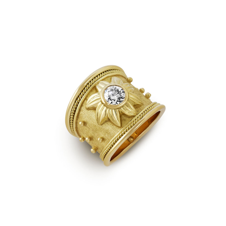 18ct yellow gold Sun ring with 0.85ct round brilliant diamond in sunburst setting with bead detail and wire-twist-wire edge.