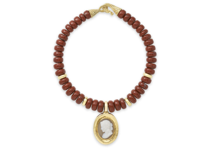 Red Jasper and Gold Necklace with Agate Cameo Pendant