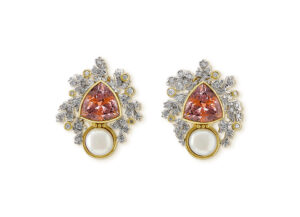 Pink tourmaline, diamond and pearl earrings BMS25834