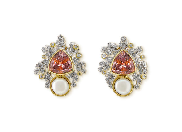 Pink Tourmaline, Pearl and Diamond Earrings