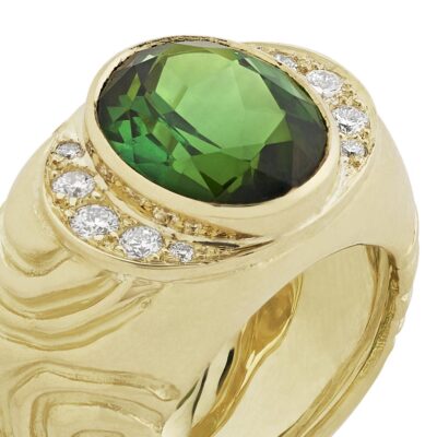 Green Tourmaline and Diamond Molten Gold Ring