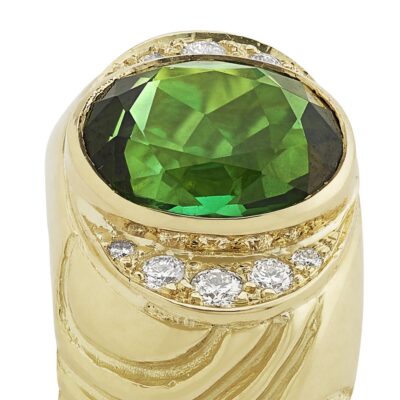 Green Tourmaline and Diamond Molten Gold Ring