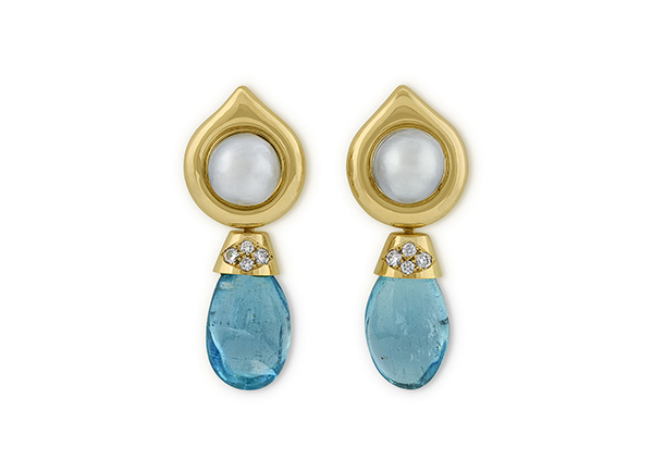 Aquamarine, Diamond and Pearl Drop Earrings