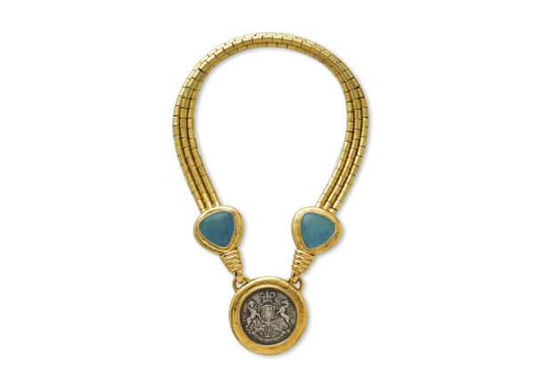 Silver Stockbroker Pass, Aquamarine and Repoussé Gold Necklace
