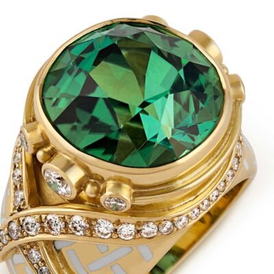 Green Tourmaline Ring with Diamond Collar