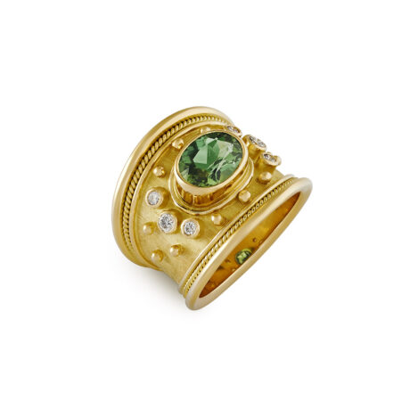 18ct yellow gold tapered Templar ring featuring a 1.88ct oval green tourmaline, six diamonds, gold bead details, wire-twist-wire edge, and linen-textured background.