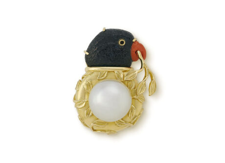 Blue Tourmaline Parrot and Pearl Pin