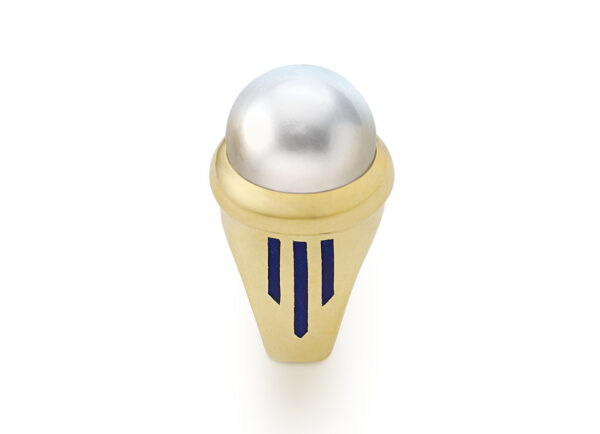 South Sea Pearl Ring with Blue Enamel Stripes