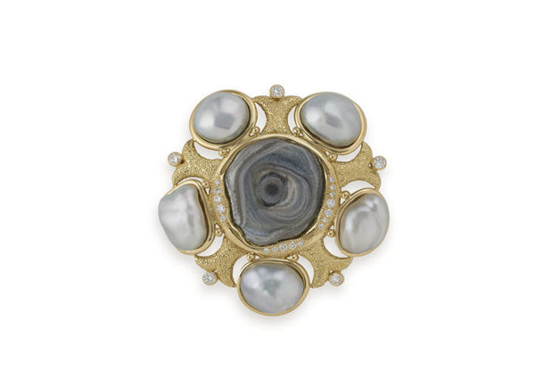 Chalcedony Rose and Grey Pearl Pin