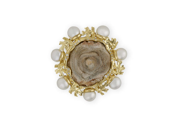 Chalcedony Rose and Pearl Pin