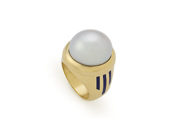 south sea pearl ring with blue enamel stripes