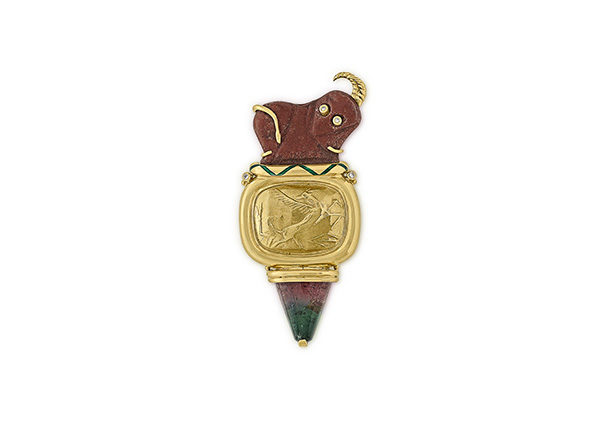 Pin with gazelle stone amulet; gold brooch; fine jewellery London; Elizabeth Gage