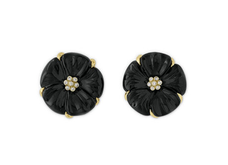 Dark blue tourmaline flower cameo earrings