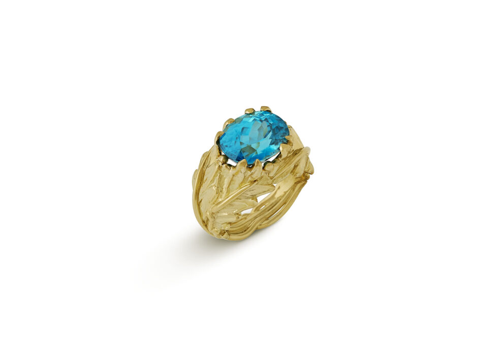 Blue Zircon and Oak Leaf Ring