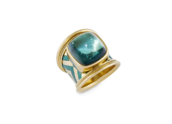 Blue-green Tourmaline with Enamel Tapered Templar Ring