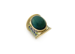 Gold ring featuring blue-green tourmaline and chevron enamel; fine jewellery London