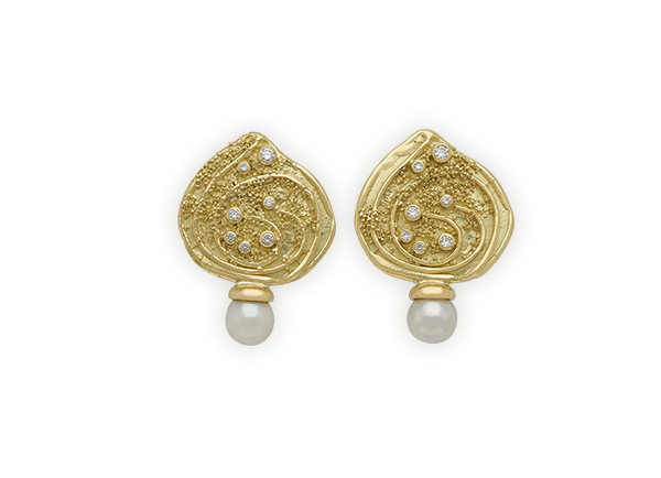 Gold earrings with Akoya pearl and diamonds; fine jewellery London; Elizabeth Gage