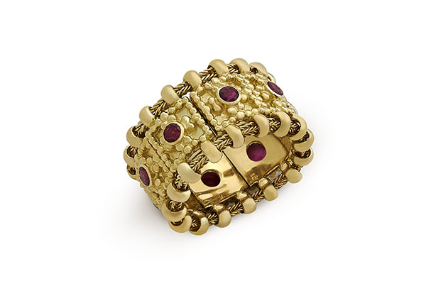 Gold flexible Agincourt band ring with rubies; fine jewellery London