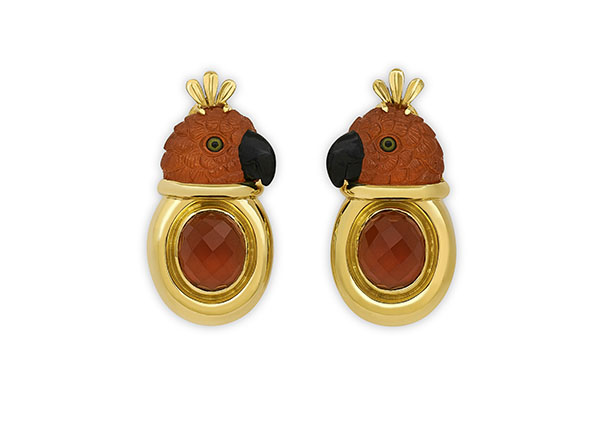 Gold earrings with mandarin garnet parrot head; fine jewellery London; Elizabeth Gage