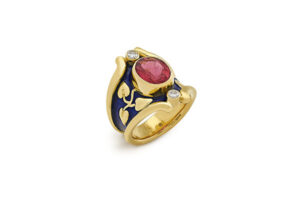 Gold Heliotrope ring with rubellite and diamonds; find jewellery London; Elizabeth Gage