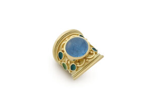 Gold tapered Templar ring with aquamarine and enamel; fine jewellery London