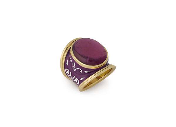Gold ring with rubellite and purple and white enamel; fine jewellery London; Elizabeth Gage