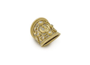 Yellow and white gold tapered Virgo Zodiac ring with diamonds; fine jewellery London