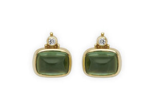 Gold Persian Queen earrings with green tourmaline and diamonds; fine jewellery London