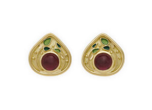 Gold earrings with rhodolite garnets and green enamel; fine jewellery London; gold earrings