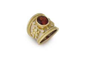 Yellow and white gold tapered Templar ring with Madeira citrine and diamonds; fine jewellery London