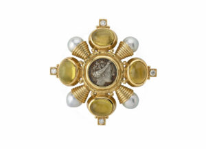 cabachon-yellow-tourmaline-Kiss-pin-with-coin,-diamonds-and-pearls; fine jewellery London
