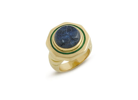 Gold ring with spectrality intaglio and green enamel; fine jewellery London; Elizabeth Gage