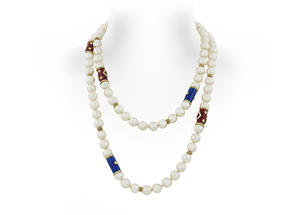 Pearl Necklace with Gold, Red and Blue Enamel Tubes