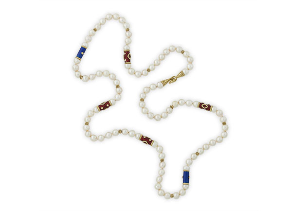 Pearl Necklace with Gold, Red and Blue Enamel Tubes