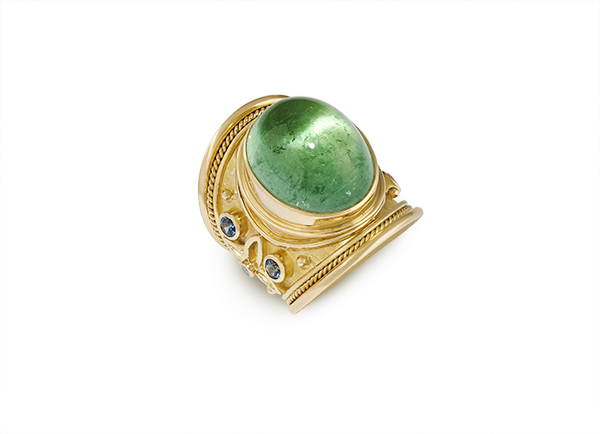 Mint Green Tourmaline and Sapphire Tapered Templar Ring