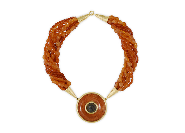 Carnelian Necklace with Coral and Bronze Coin Pendant